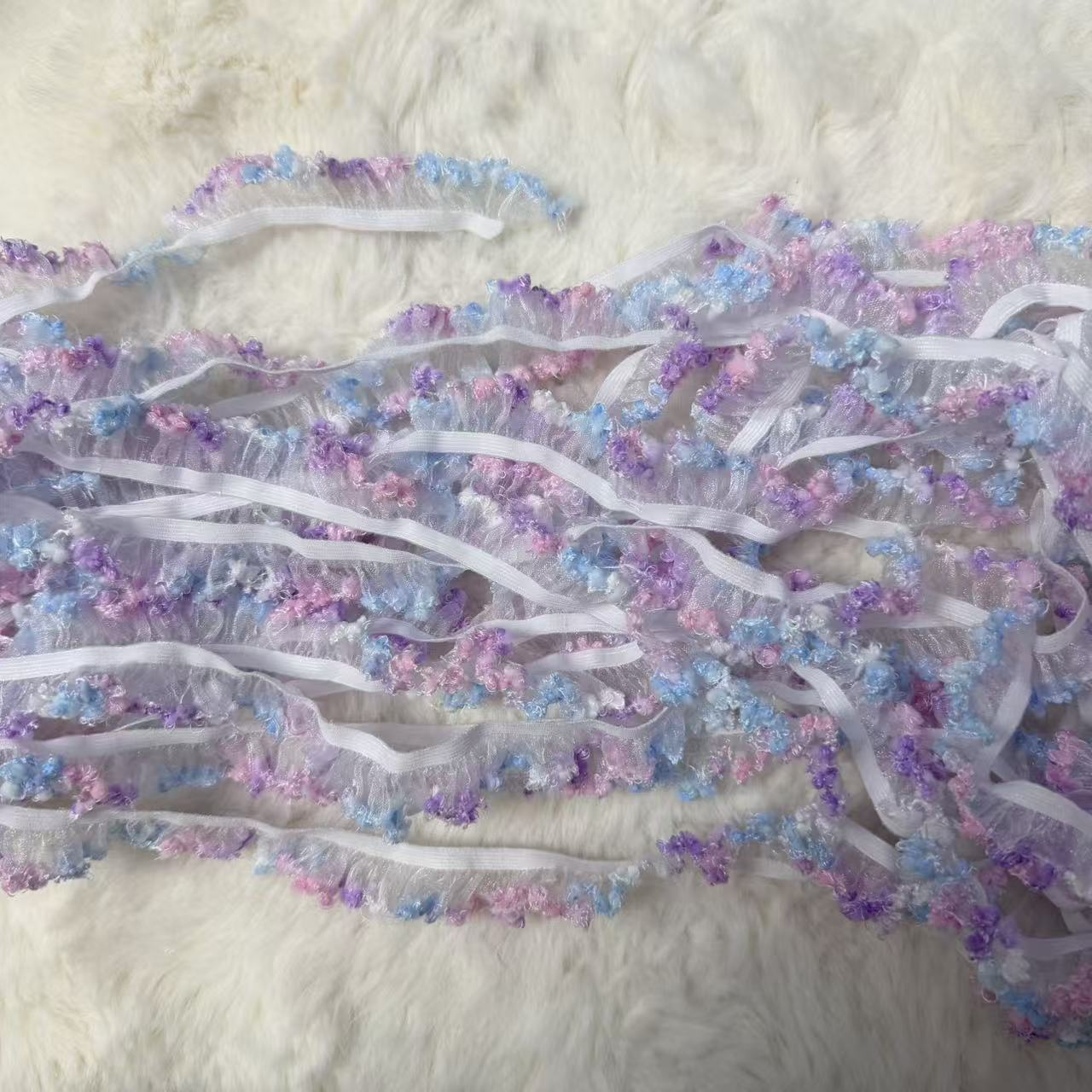 M55葡萄紫蓝粉白拼毛线木耳边