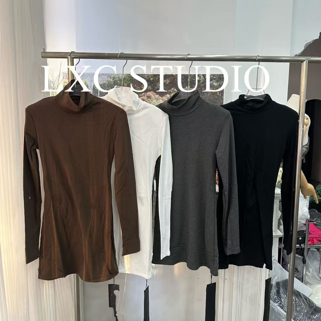 YA【336】午后花园·纯色净版高领垫肩修身显瘦长款打底