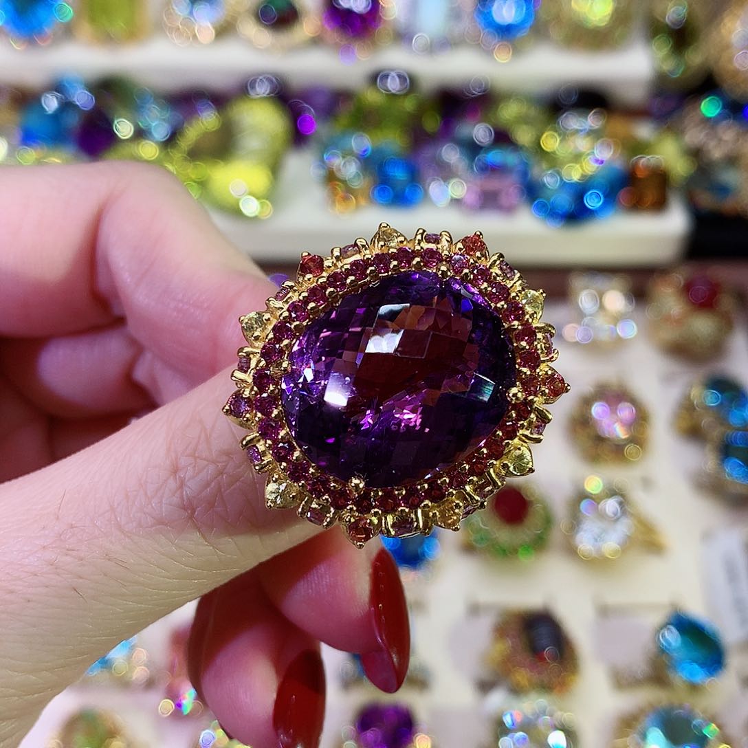 紫晶戒指银S925镀金镶嵌