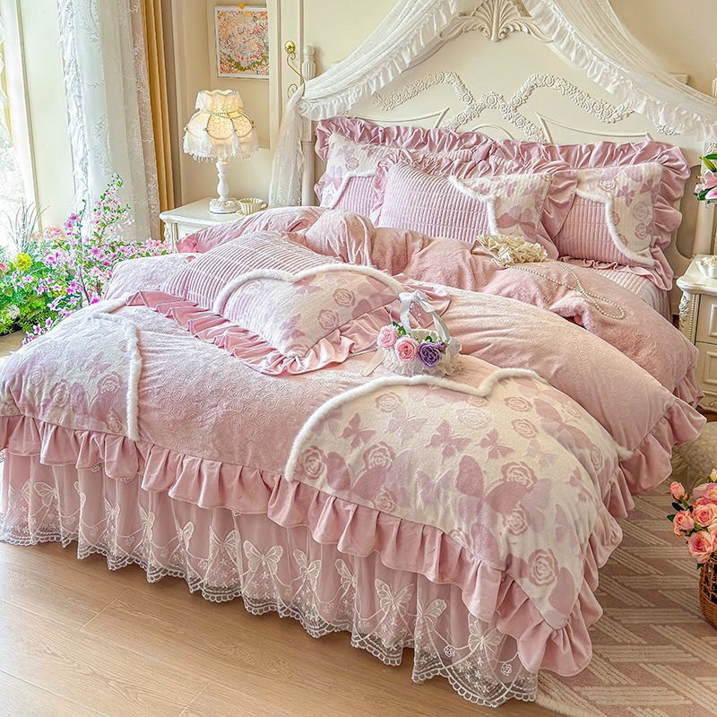 【床裙款】秋冬加厚超柔婴儿绒高克重轻奢纯色双拼夹棉双面绒四件套