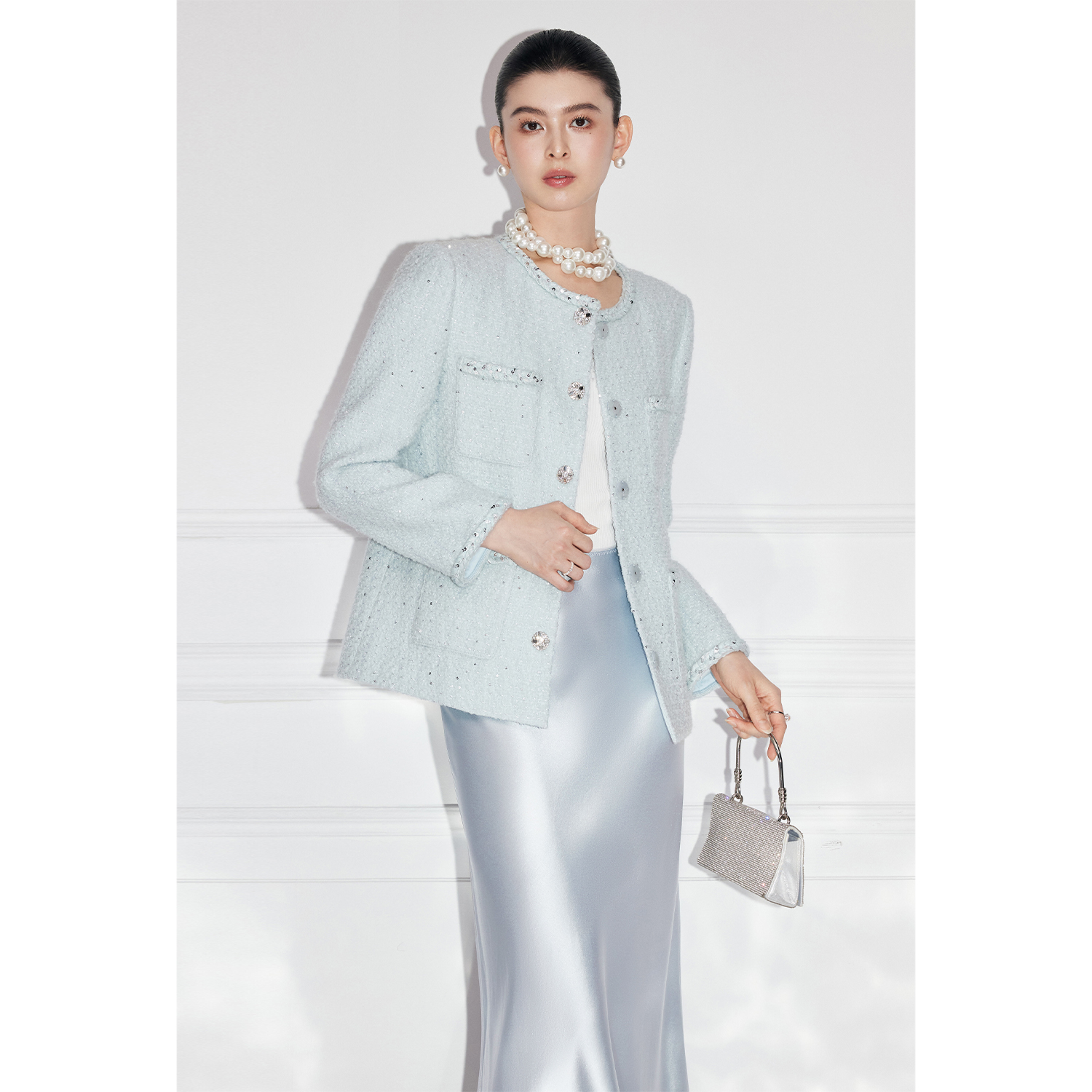 MandyZhang法式小香风粗花呢绵羊毛短外套女春秋名媛钻扣气质上衣