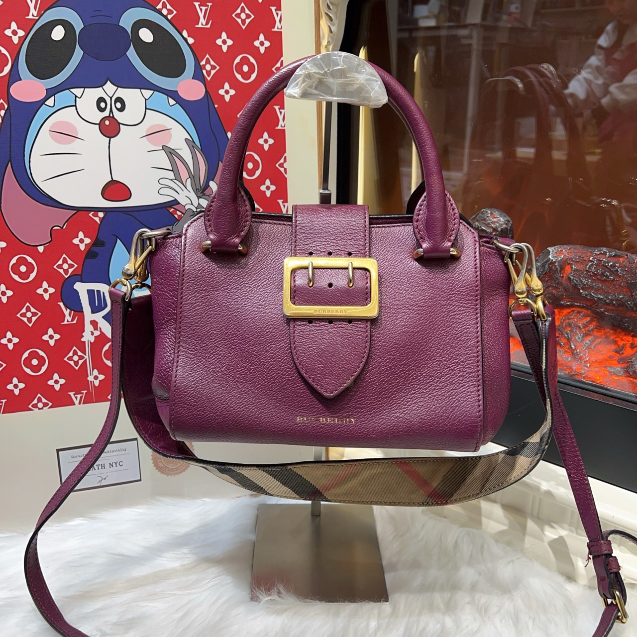 95新 BURBERRY/博柏利 巴宝莉葡萄紫班纳手提单肩包双肩带 a6041