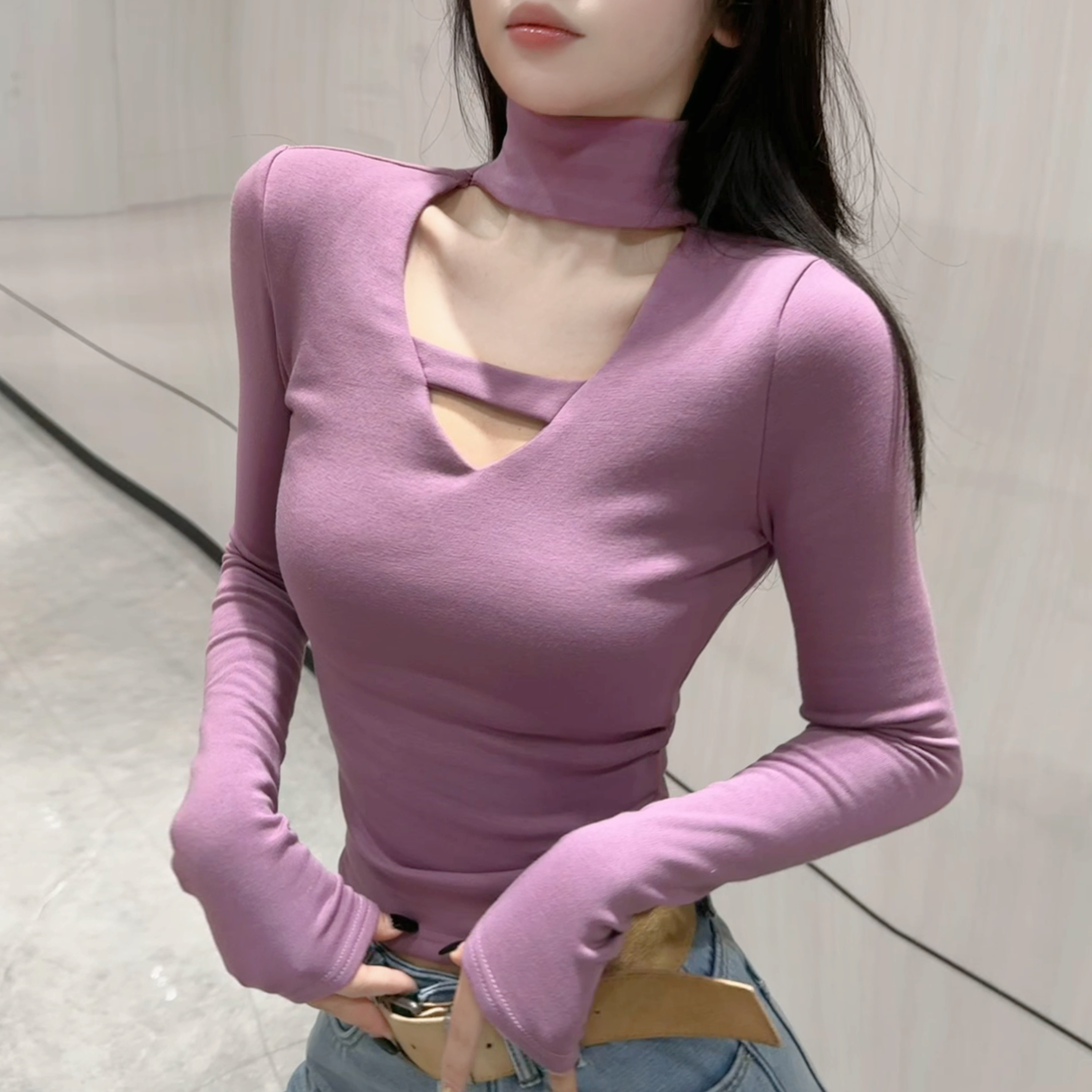 24纯欲风半高领打底衫冬季新款【无垫肩】设计感显瘦百搭T恤上衣