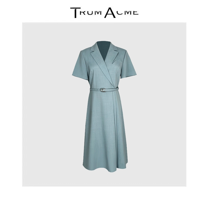TrumAcme~气质老钱风蓝色系高级感通勤衬衫收腰连衣裙