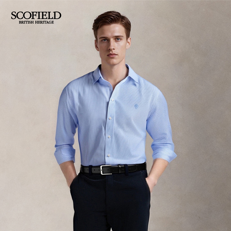 【100%棉】SCOFIELD男士2025秋季新款商务通勤经典条纹长袖衬衫男