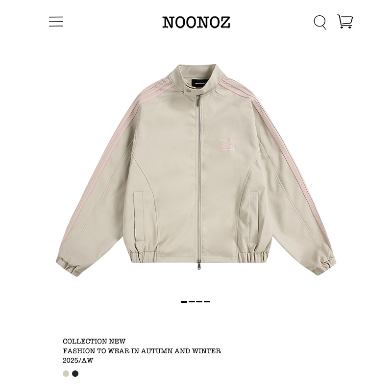 NOONOZ潮牌美式三条杠拼接PU皮衣立领夹克男女中性风百搭拉链外套