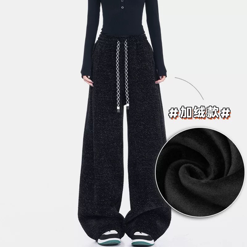 秋冬加绒加厚满天星垂感抽绳休闲百搭裤女宽松显瘦阔腿裤子L1217