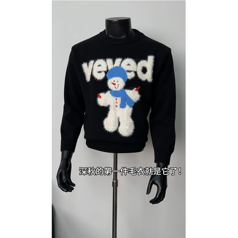 氛围感雪人圣诞毛衣男秋美式潮牌提花情侣线衣慵懒宽松圆领针织衫