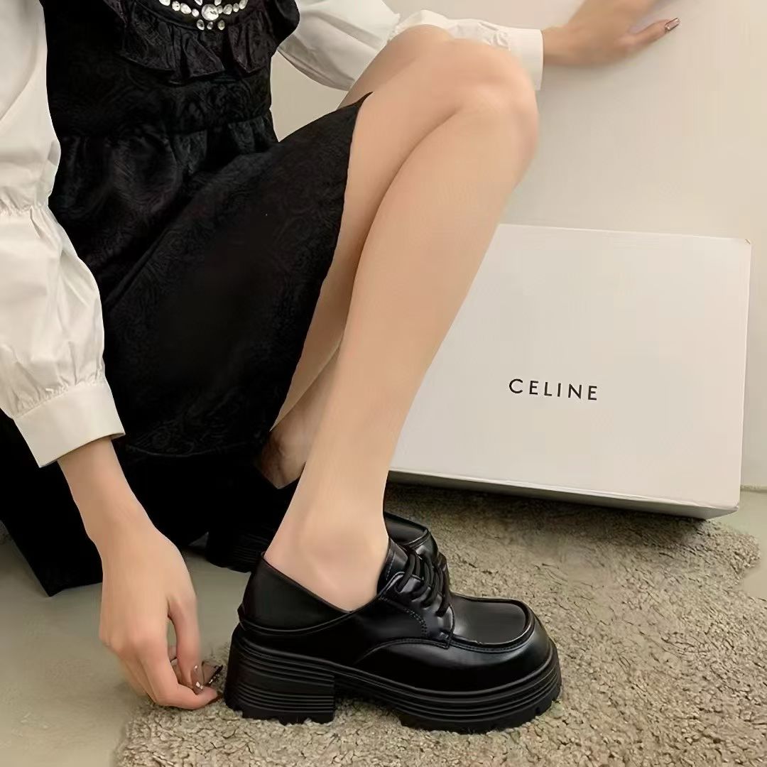 黑色秋季百搭单鞋系带女士乐福鞋