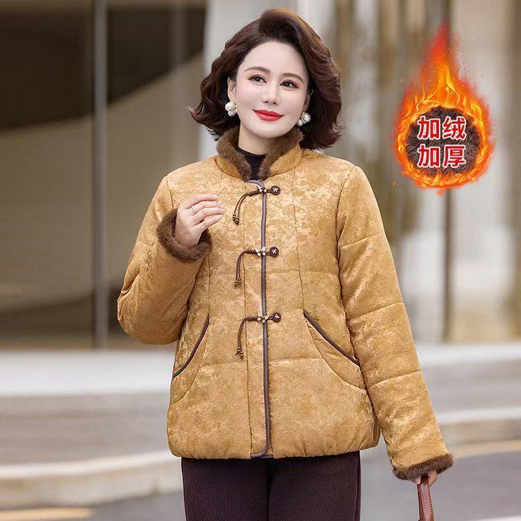 时尚中年妈妈冬装新中式加绒加厚棉衣外套中老年女装冬季保暖棉服