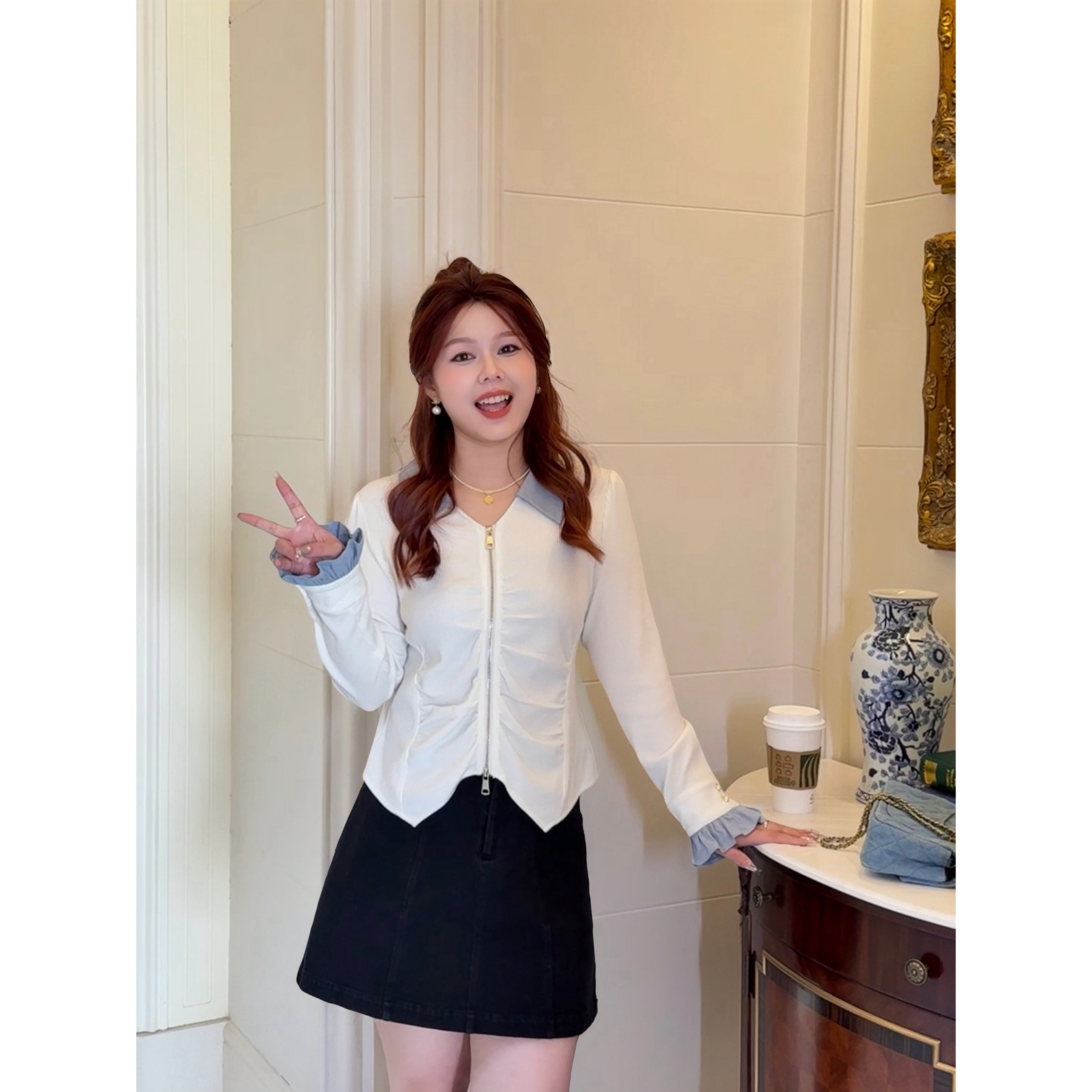 楠序迪迪微胖女装2025春季新款显瘦气质撞色设计感小衫上衣DD9109