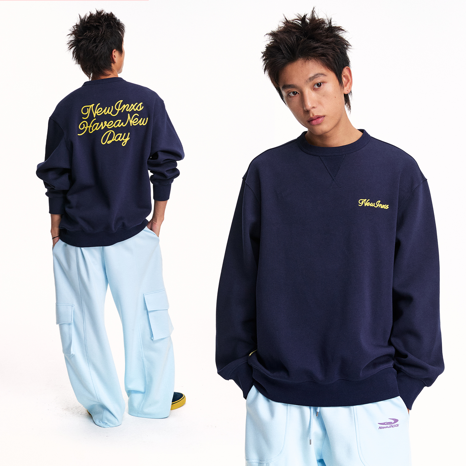 江南先生NewJNXS330g高克重圆领撞色锁链绣卫衣秋季休闲宽松上衣