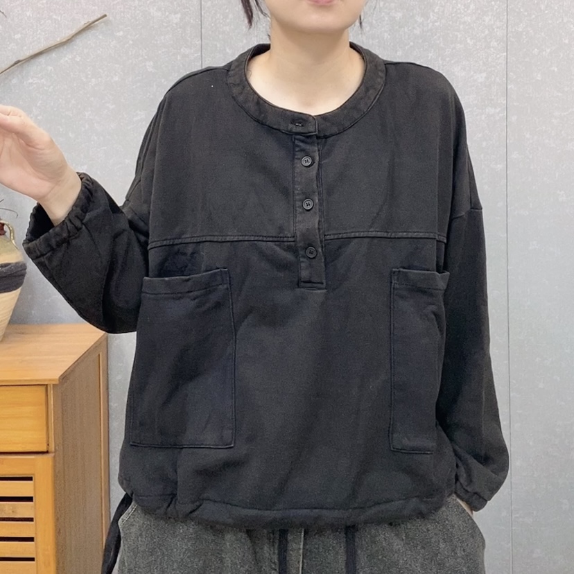【云吖】秋季复古宽松口袋下摆抽绳针织棉炒色做旧半开扣长袖卫衣