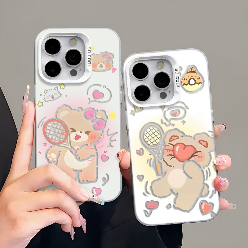 网球情侣小熊可爱风适用苹果iPhone17小米防摔手机壳卡通镭射ins
