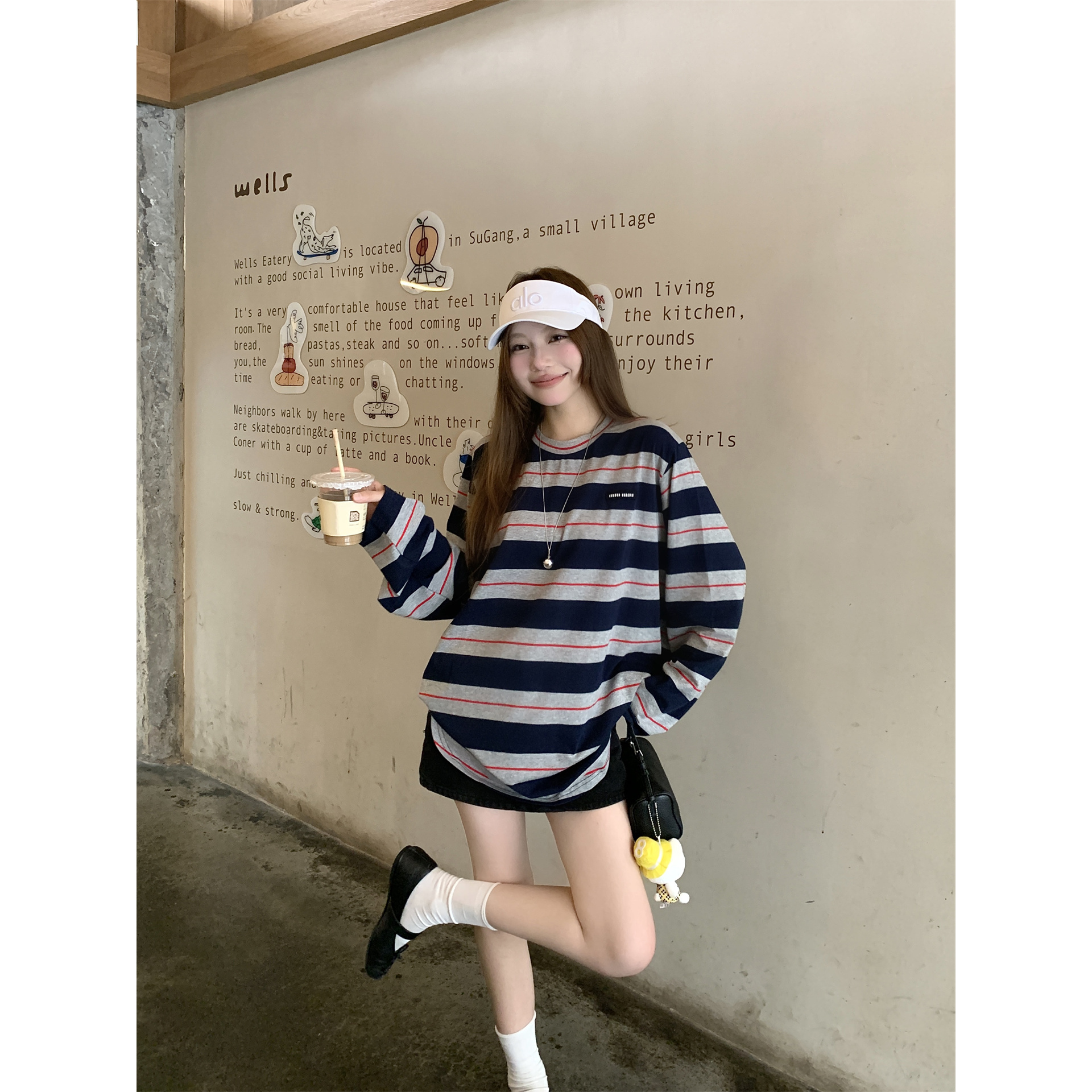 实拍实价~早秋款美式复古甜美宽松大版叠穿圆领长袖上衣