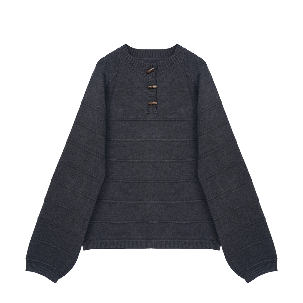 复古木扣条纹羊毛针织衫女简约韩版插肩袖圆领套头毛衣A017