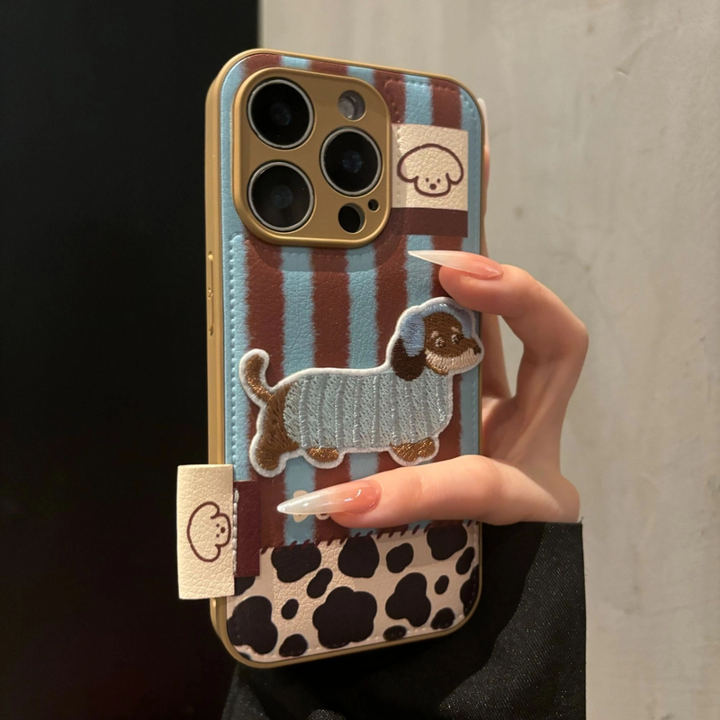 秋冬撞色条纹狗狗刺绣适用苹果16promax手机壳15新款可爱14创意13