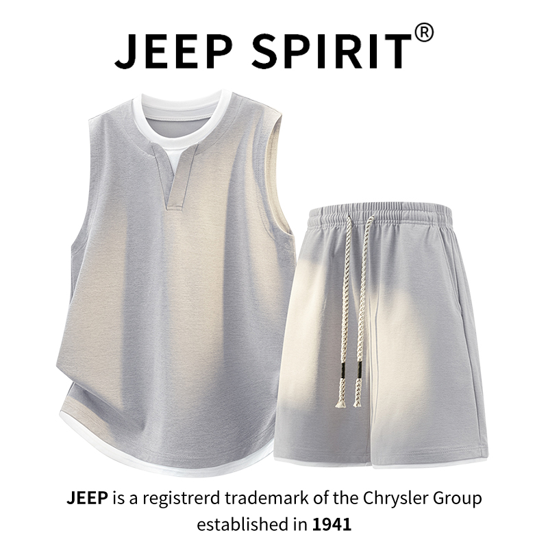 JEEPSPIRIT吉普假两件背心短裤套装男士夏季无袖T恤运动两件套潮