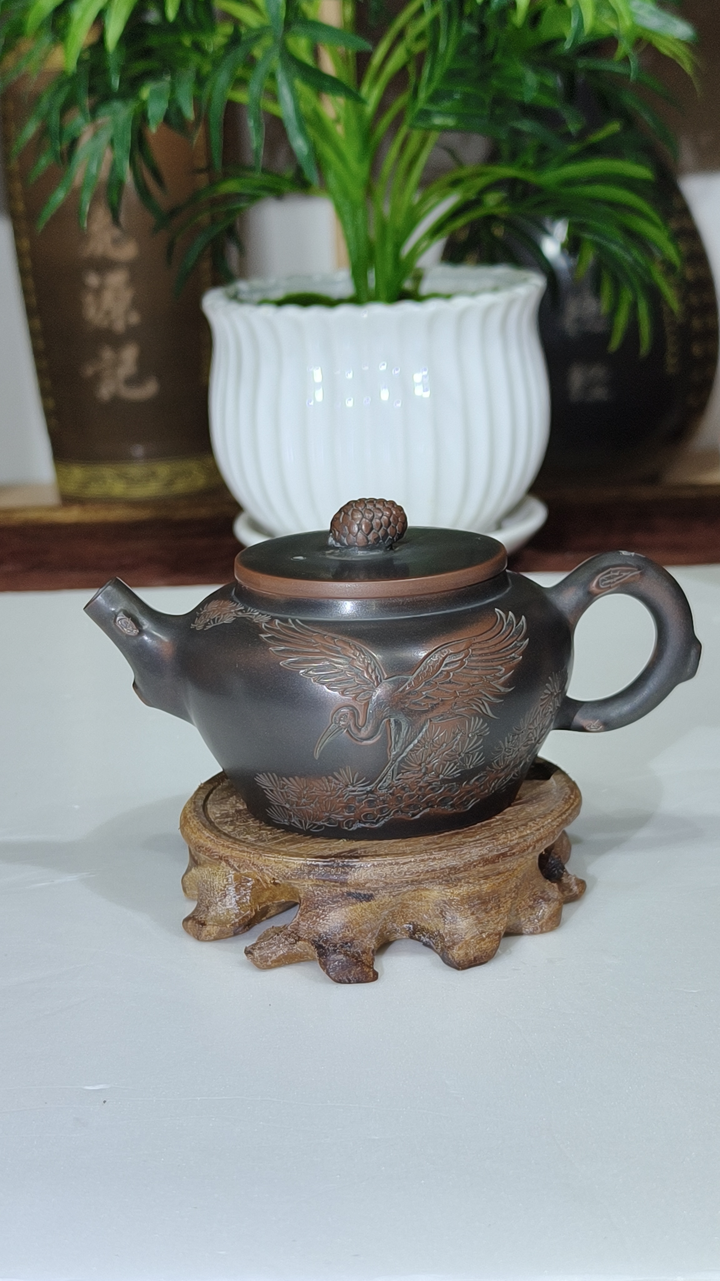坭兴陶线雕仿生手工茶壶  松鹤延年寓意 手工精致高端大气