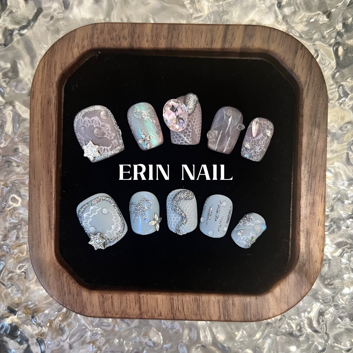 【ERIN NAIL｜星芒绒语】定制穿戴甲灰粉极光水珠蕾丝气质公主短款
