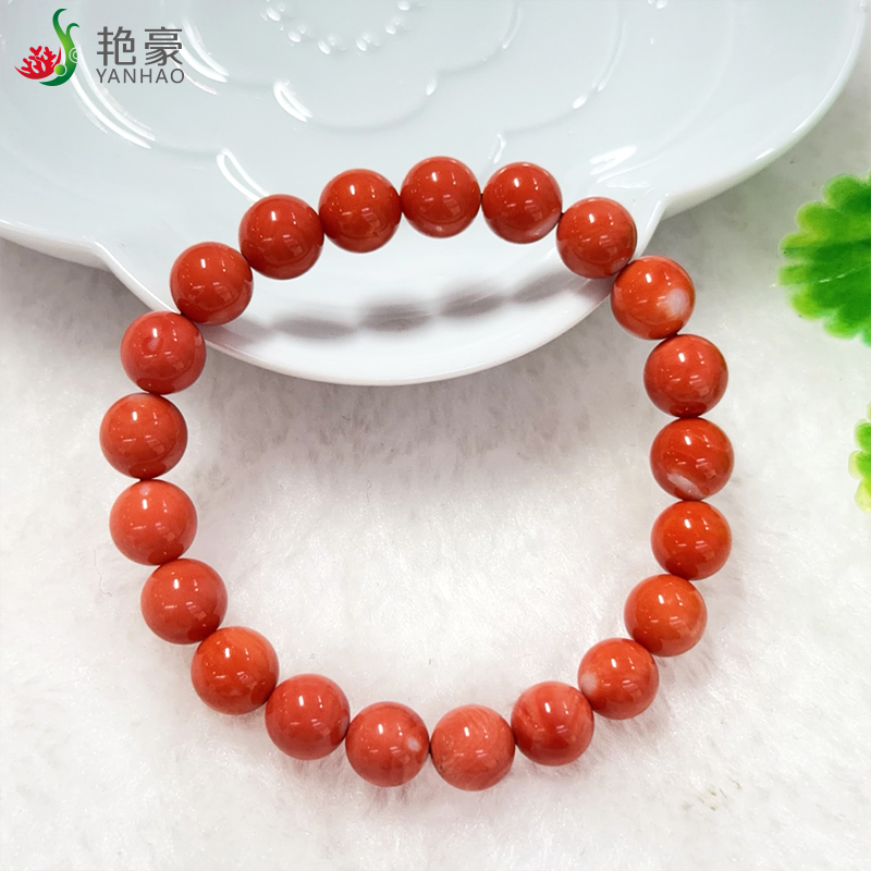渼艳豪精品台湾莫莫红珊瑚手串单圈弹力手链珠径8.3-8.9mm19.1g