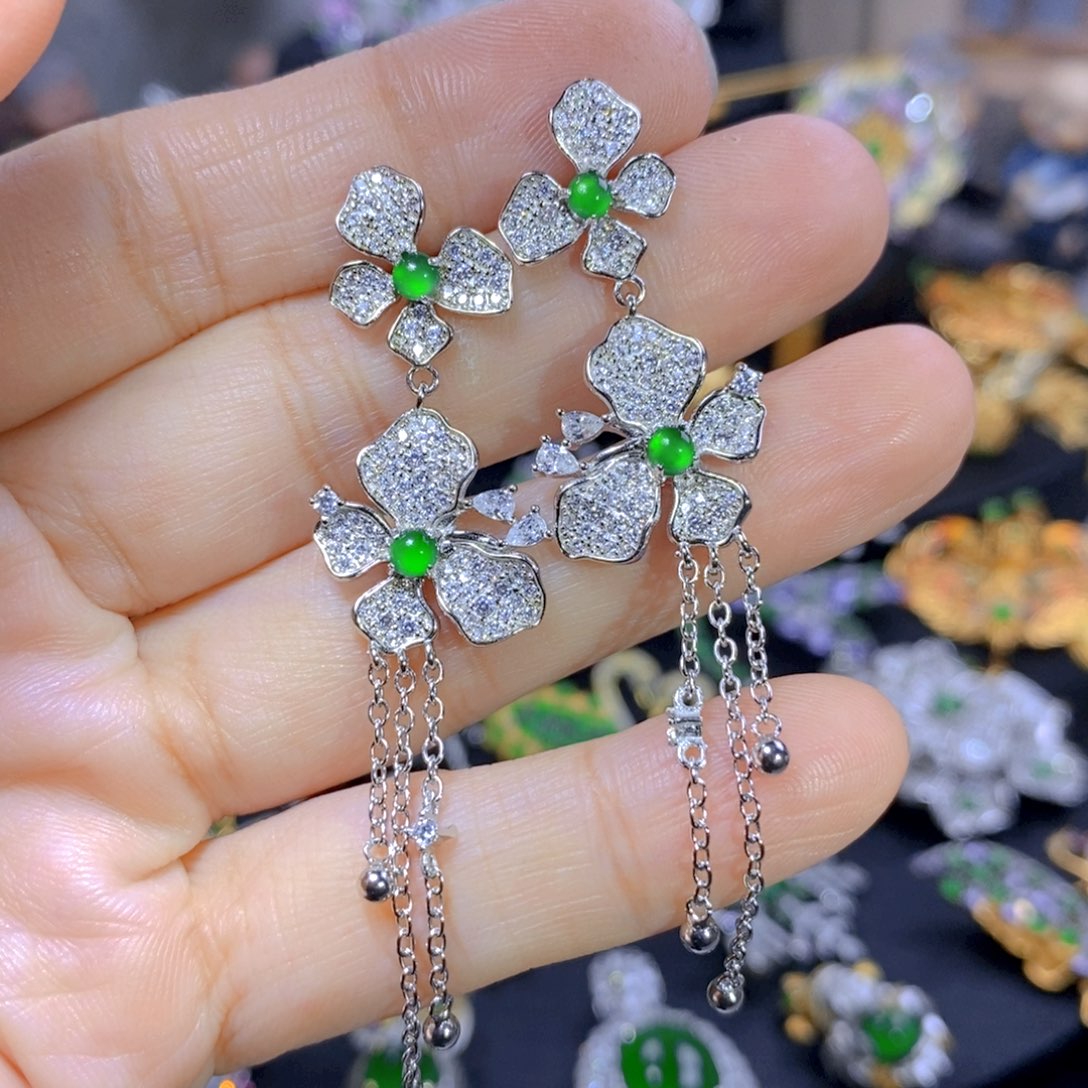 翡翠耳钉银S925镶嵌天然翡翠