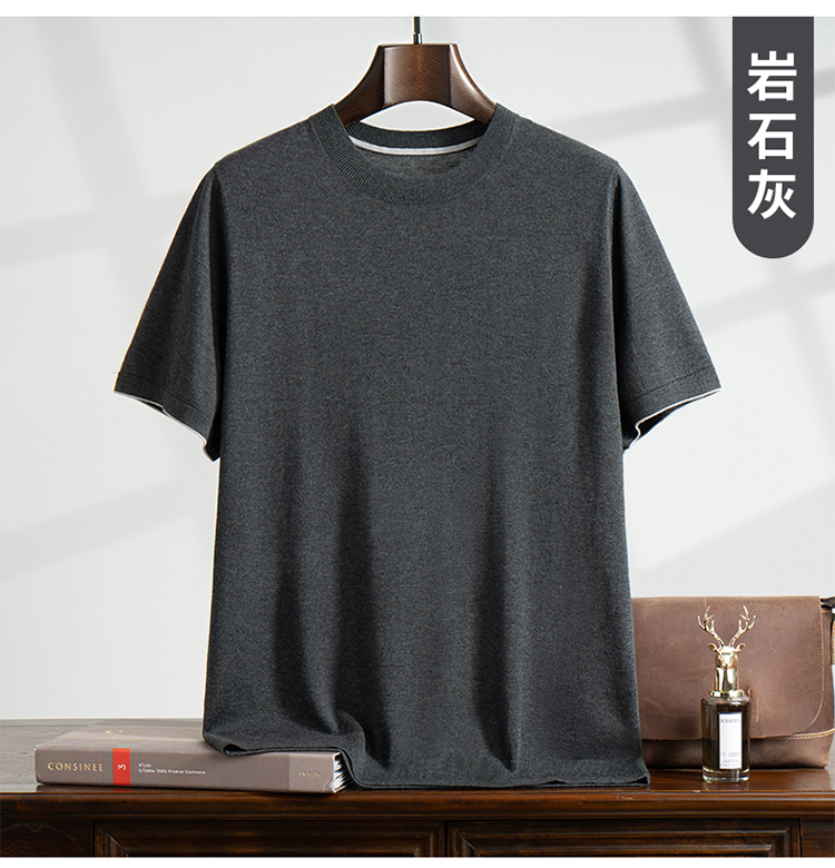 男士POLO圆领桑蚕丝短袖薄款精纺山羊绒毛衣商务休闲上衣半袖T恤
