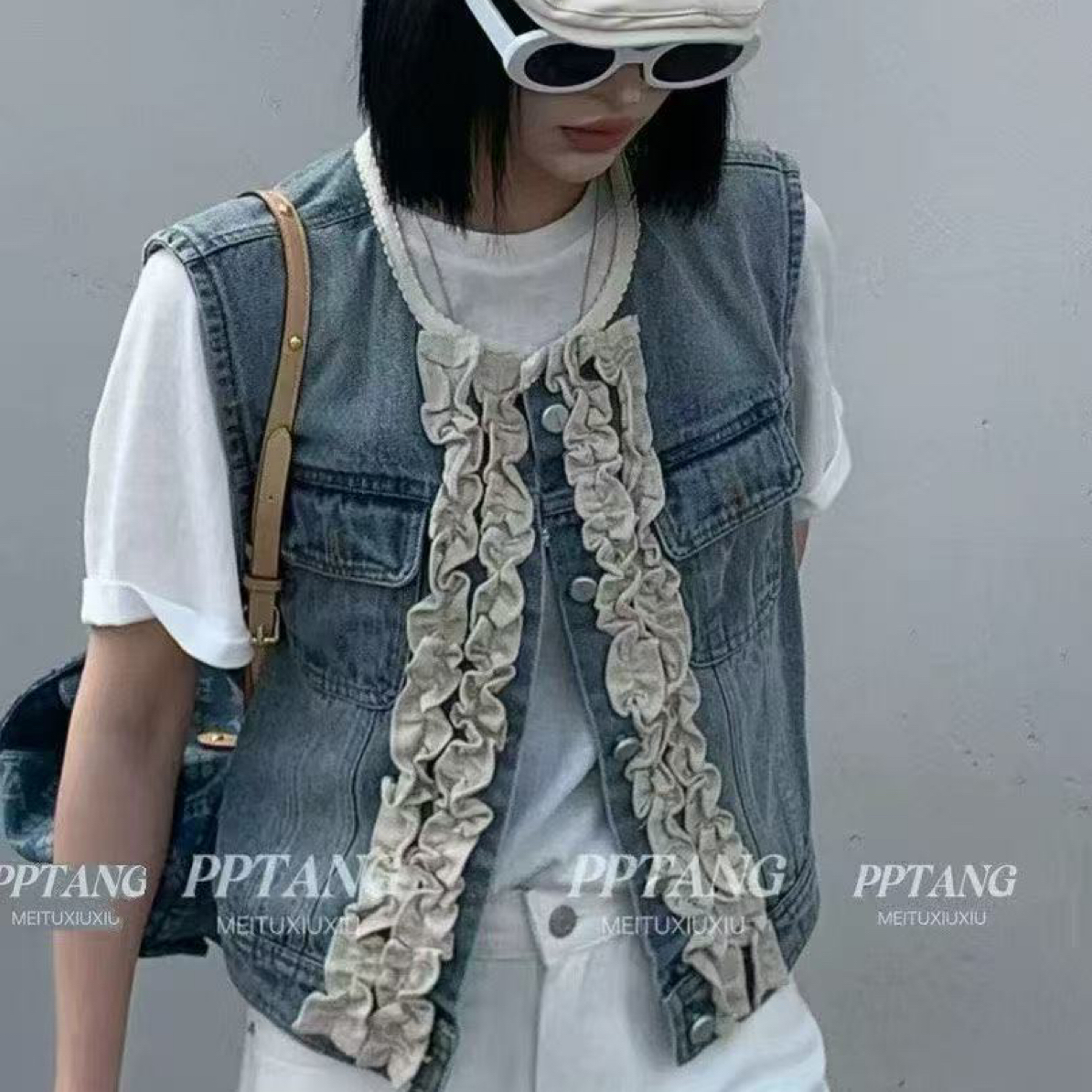 木耳边花边牛仔马甲短外套宽松拼接无袖时尚重工秋季新款大码女