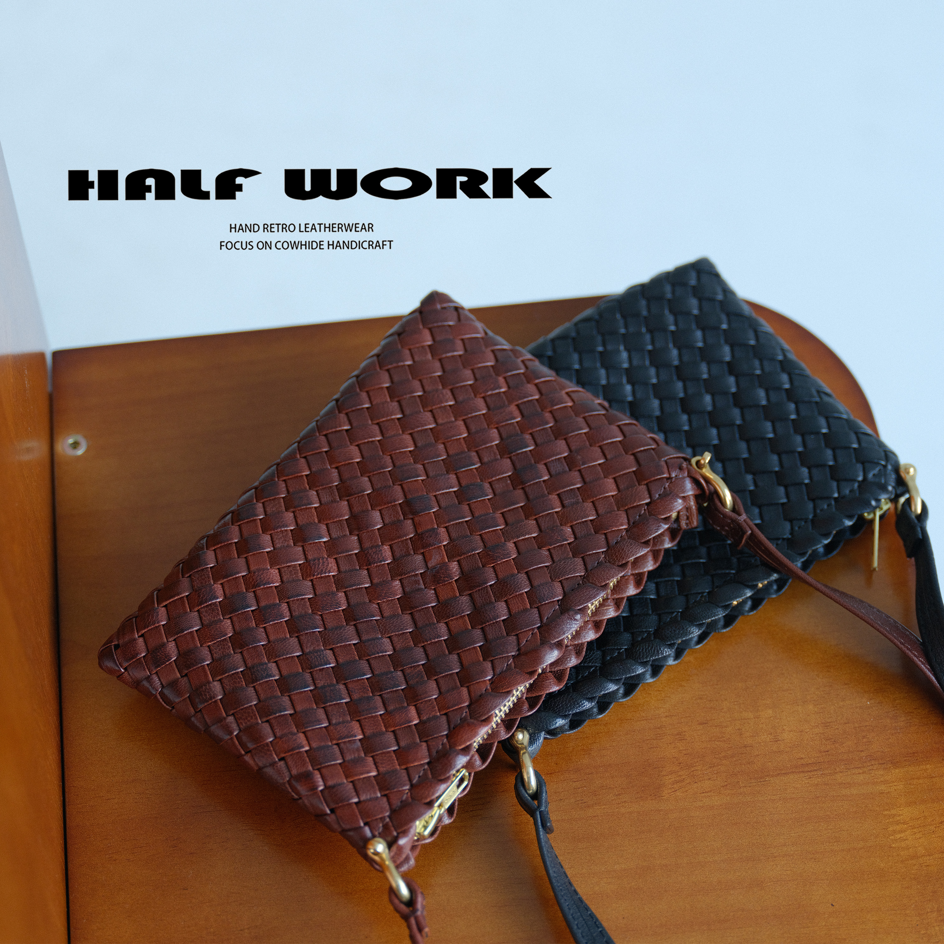 HALF WORK/伴工  羊皮手工真皮编织单肩斜跨包KW-8392