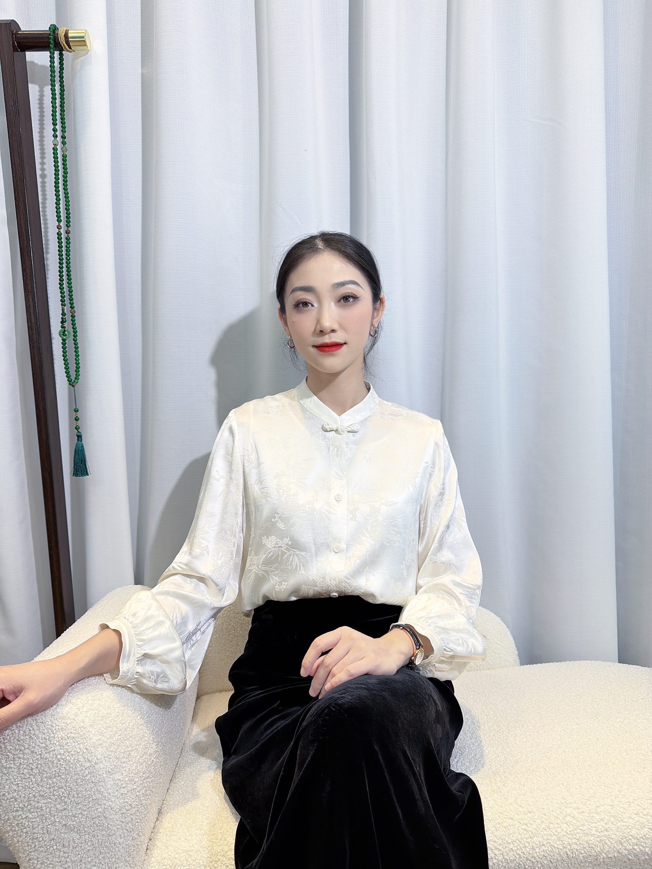 （已开价）桑蚕丝花罗新中式对襟立领盘扣气质长袖衬衫