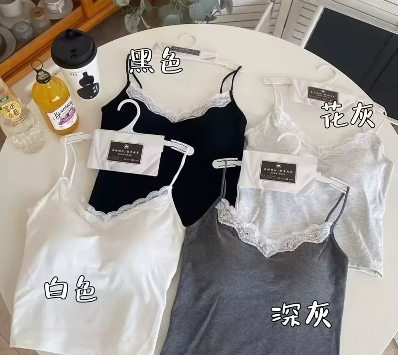 5504带胸垫性感蕾丝花边V领吊带背心中长款美背抹胸内搭