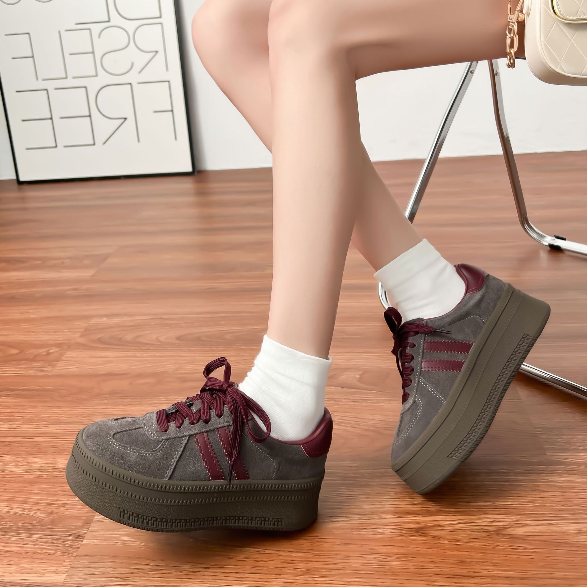 系带德训鞋厚底鞋增高新款高跟时尚休闲鞋厚底松糕鞋圆头秋季板鞋