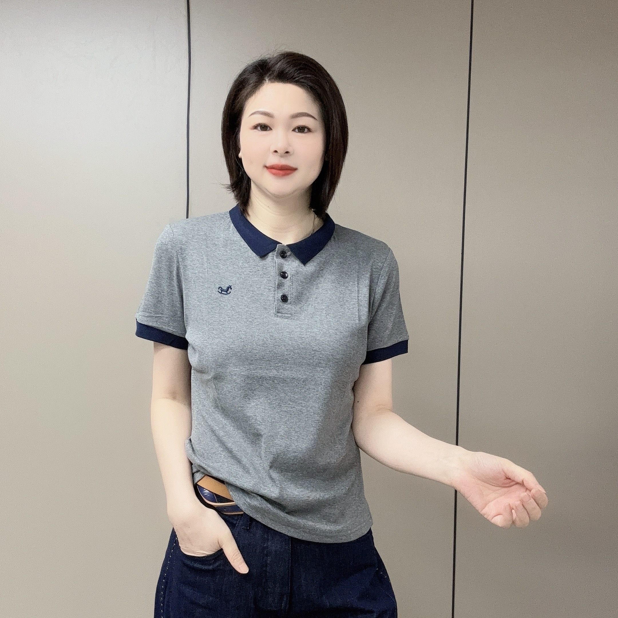 【魅力风】夏季衬衫领设计感显瘦百搭时尚短袖T恤5257款