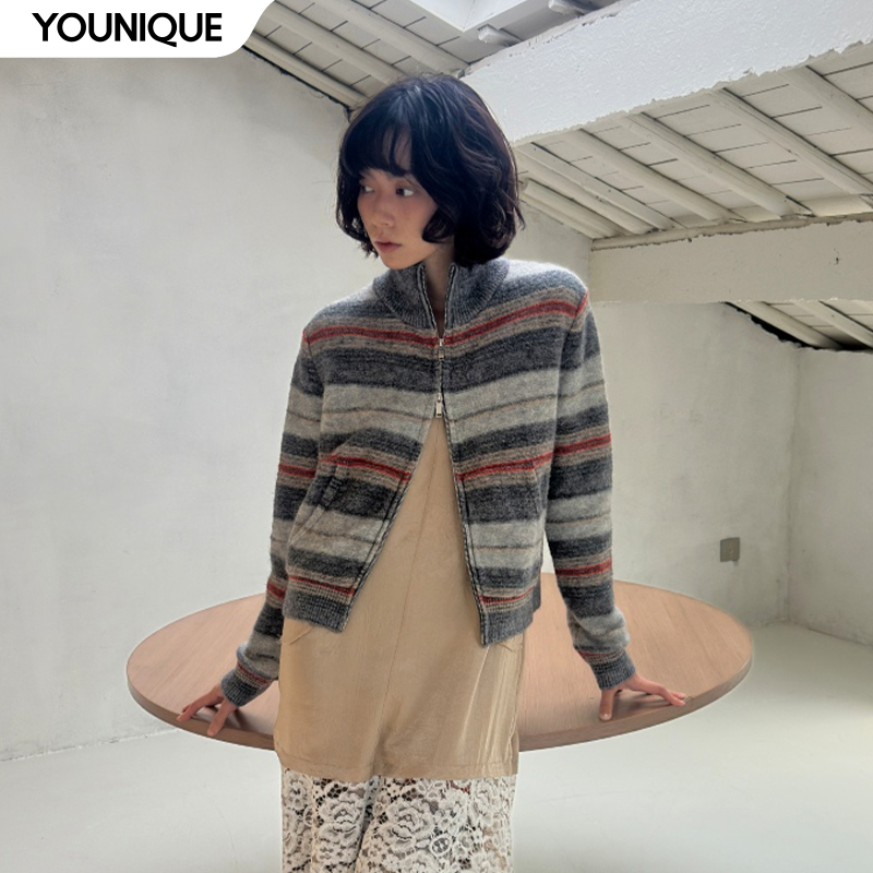 【MANZANILLA】新品25秋冬彩条立领双拉链针织衫女