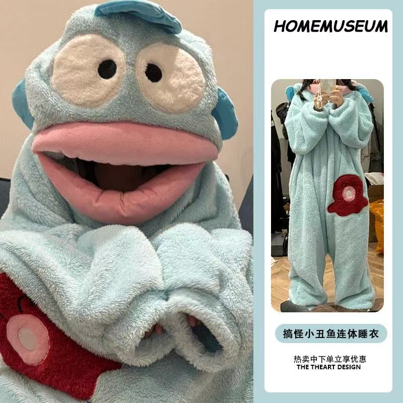 【暖暖宠粉】搞怪可爱连帽丑鱼睡衣冬季加绒加厚卡通保暖外穿家居服
