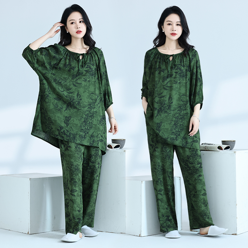 民族分绵绸七分袖长裤两件套夏季大版宽松睡衣女套装休闲家居服女