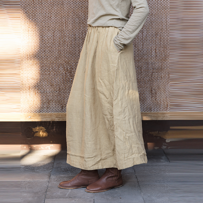 绽放女装562朵/亚麻斜纹显瘦压褶A字裙松紧腰半身长裙女秋半身裙