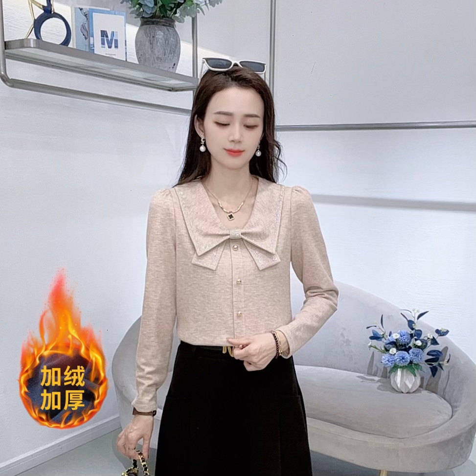 A9027时尚设计感简约长袖T恤女冬季新款蝴蝶结V领百搭显瘦上衣