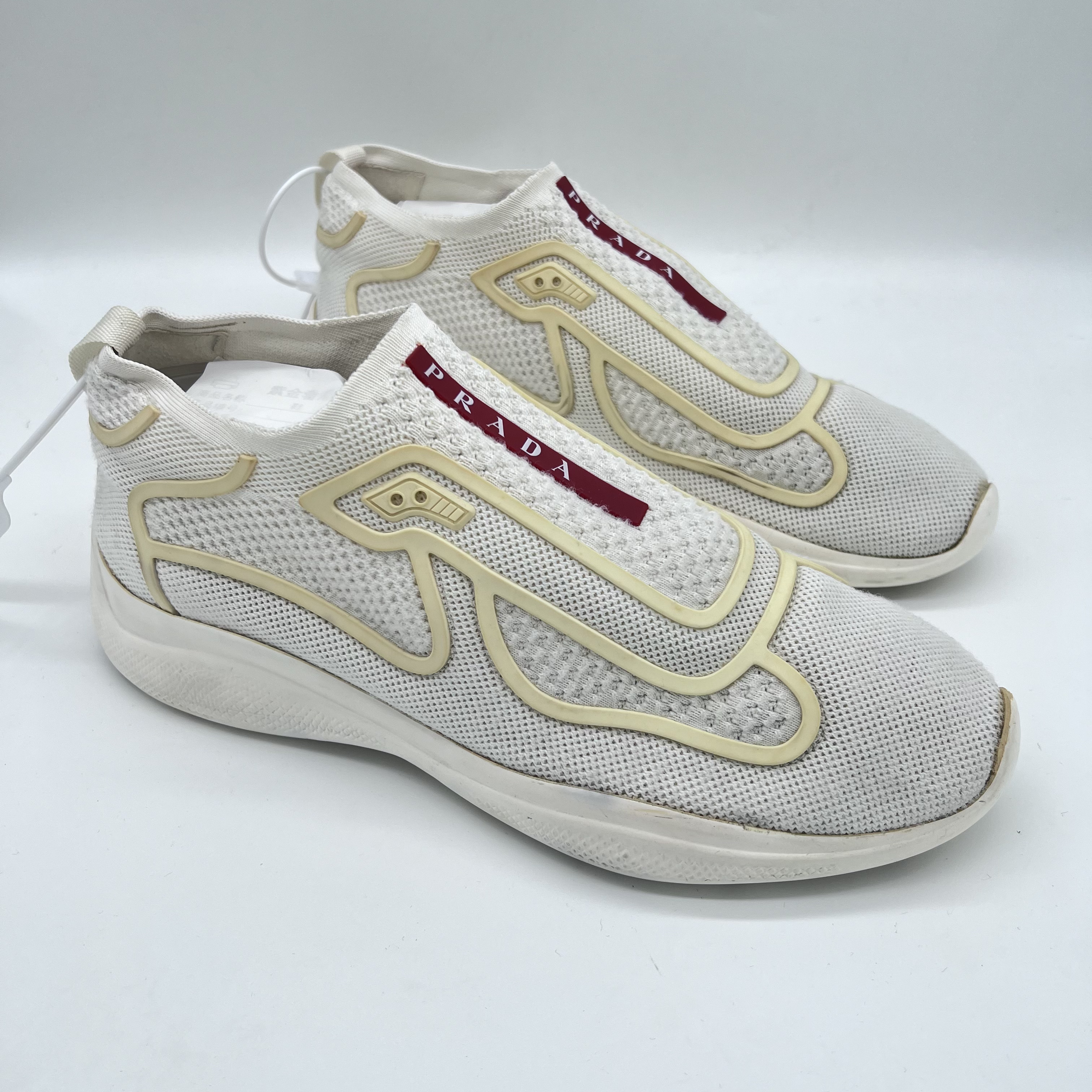 95新 Prada/普拉达 经典红标轻便白网面舒适休闲运动鞋 7欧PS0009