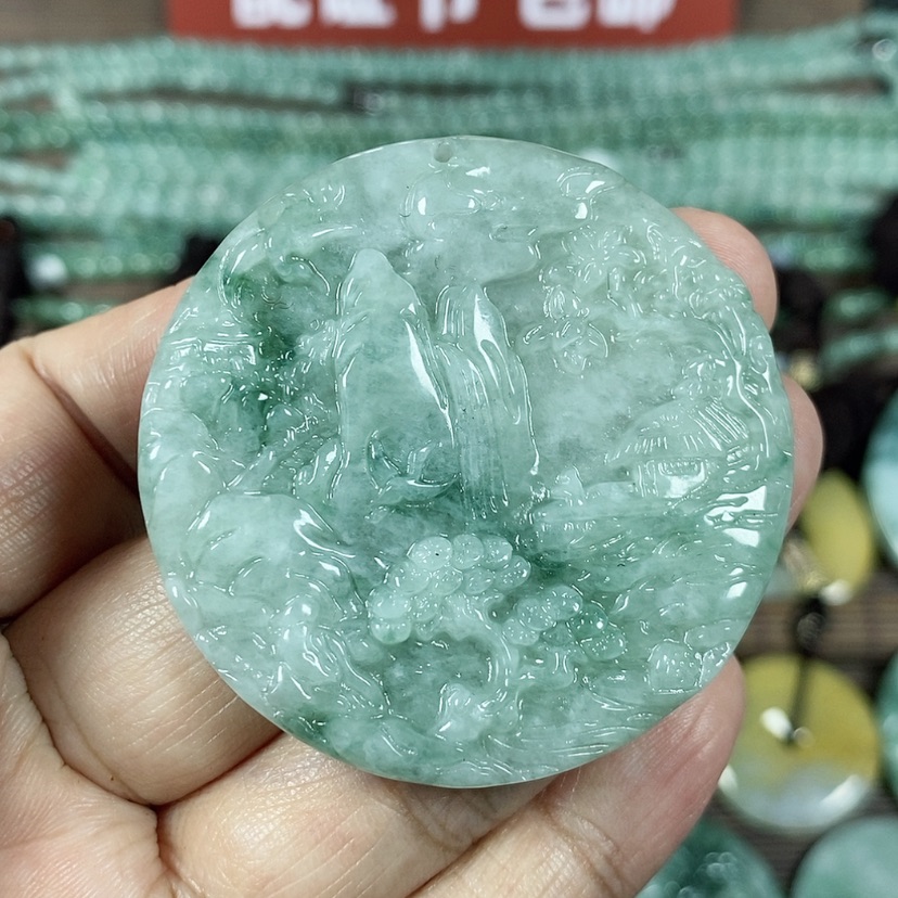 【闪购商品】翡翠颈饰未镶嵌玉吊坠翡翠玉圆形山水牌