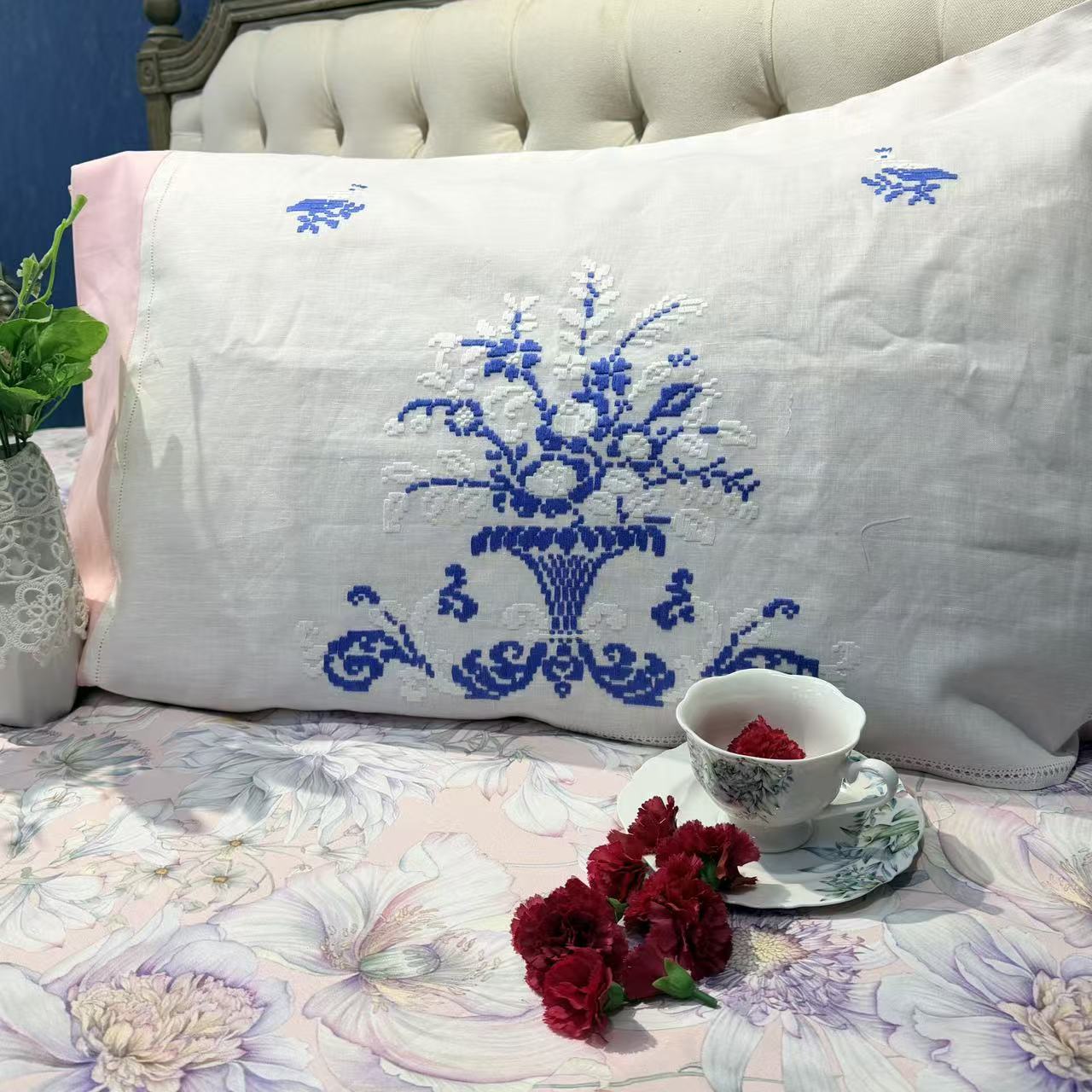 【玫瑰进口亚麻】手工绣花枕套 50*70cm