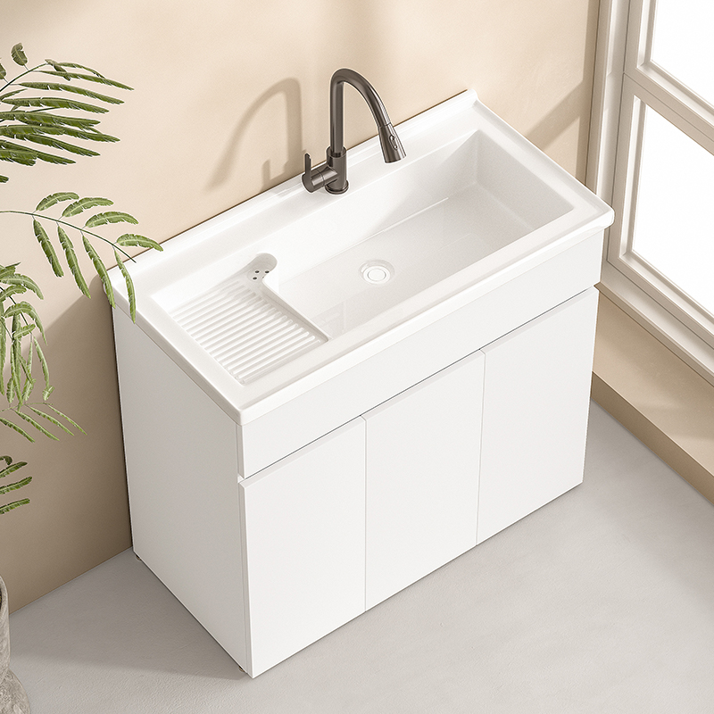 纯白蜂窝铝小户型阳台落地洗衣机柜陶瓷一体盆