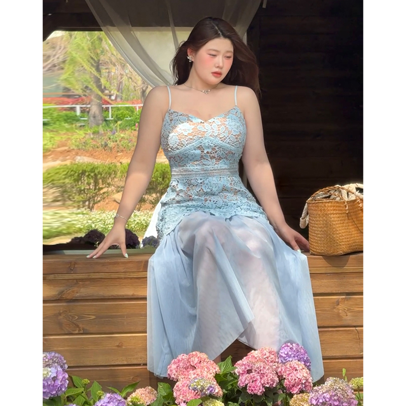 现货【海盐蓝冰】法式蕾丝拼接吊带连衣裙夏修身收腰可拆卸网纱长裙