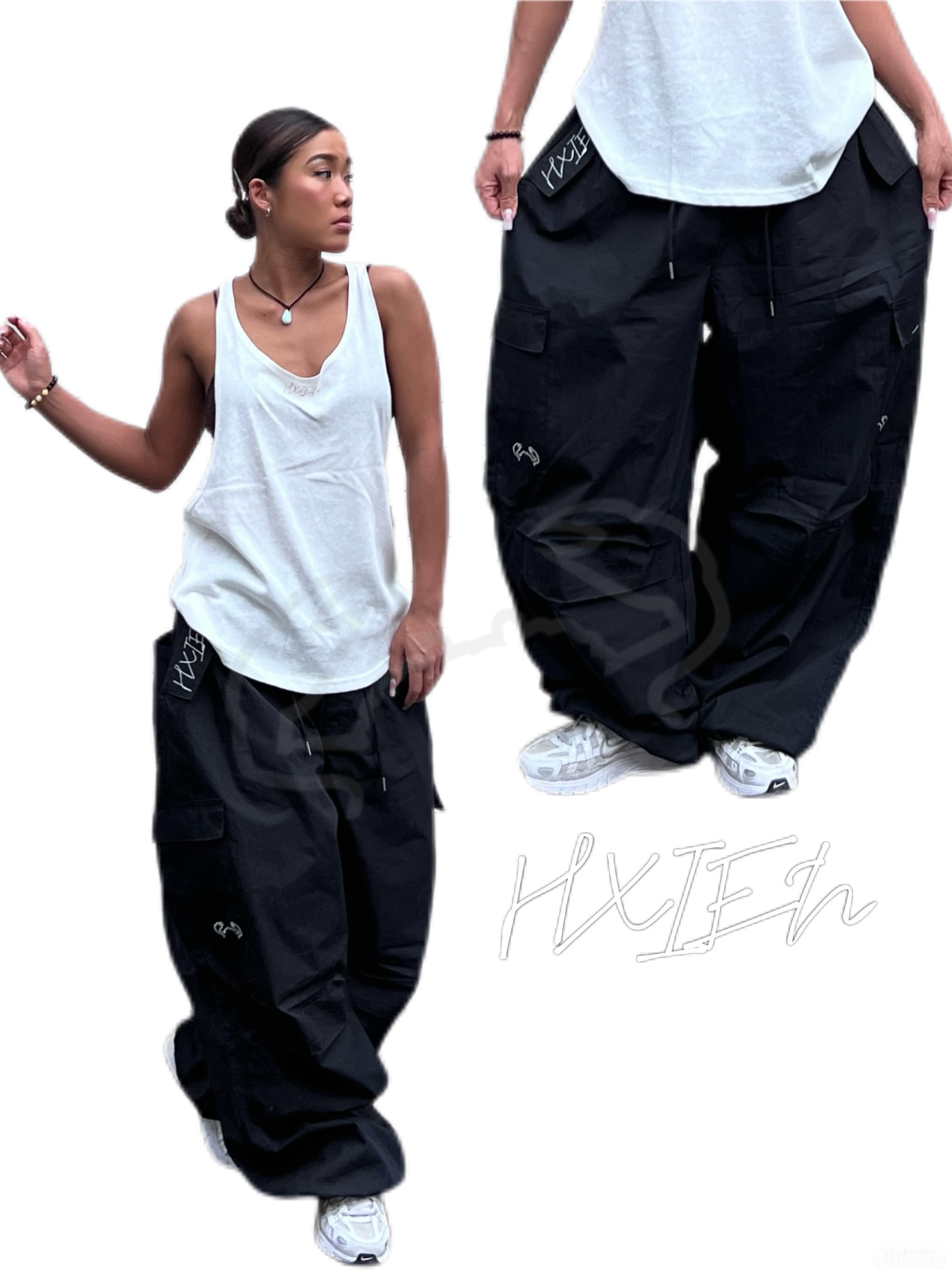 HXIEN原创反光伞兵工装裤夏季超薄爵士阔腿裤多口袋抽绳宽松长裤