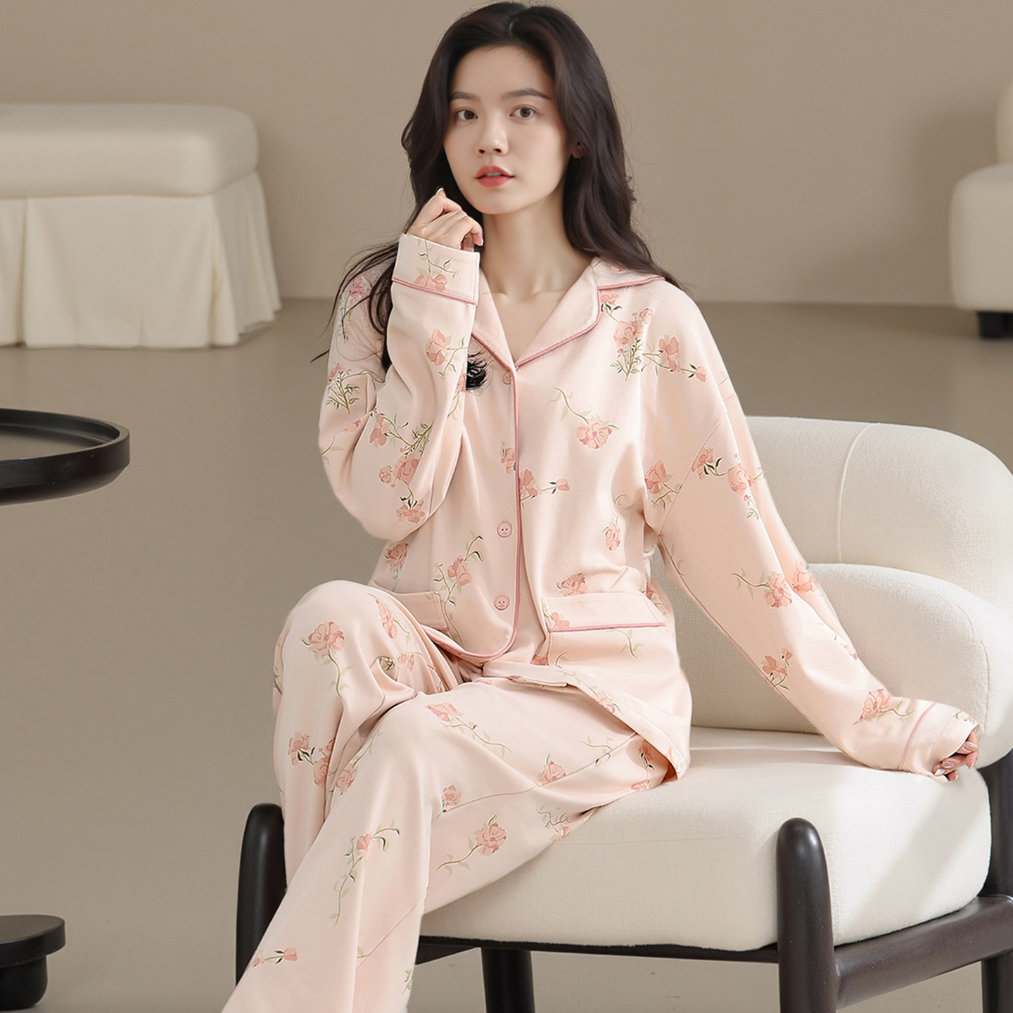 新款莉莉睡衣女士加厚纯棉粉色玫瑰长袖开衫家居服套装可外穿