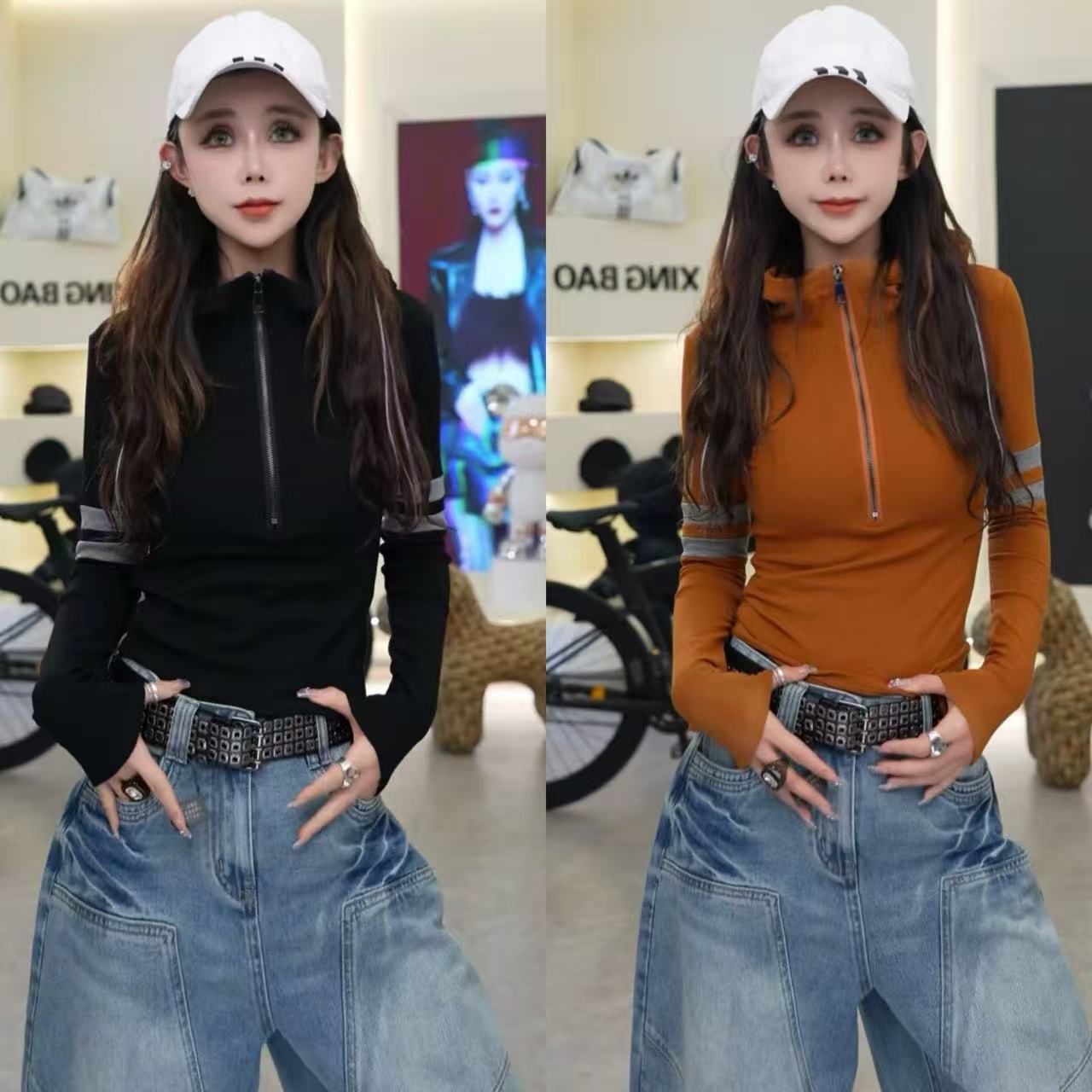 星宝定制酷飒风加绒连帽半拉链女修身显瘦单穿打底上衣1366