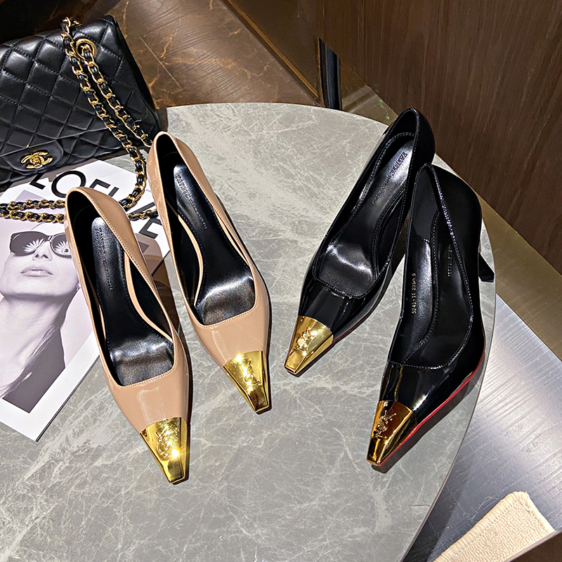 【7厘米】金属防踢头漆皮高跟鞋法式方头矮跟欧美气质单鞋XL5245-11