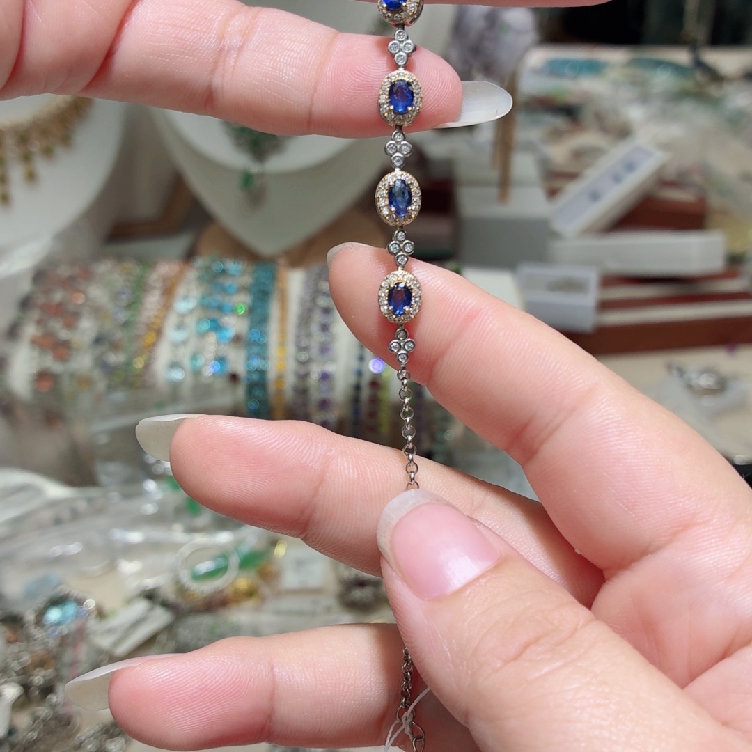 蓝宝石银S925镀金镶嵌手链