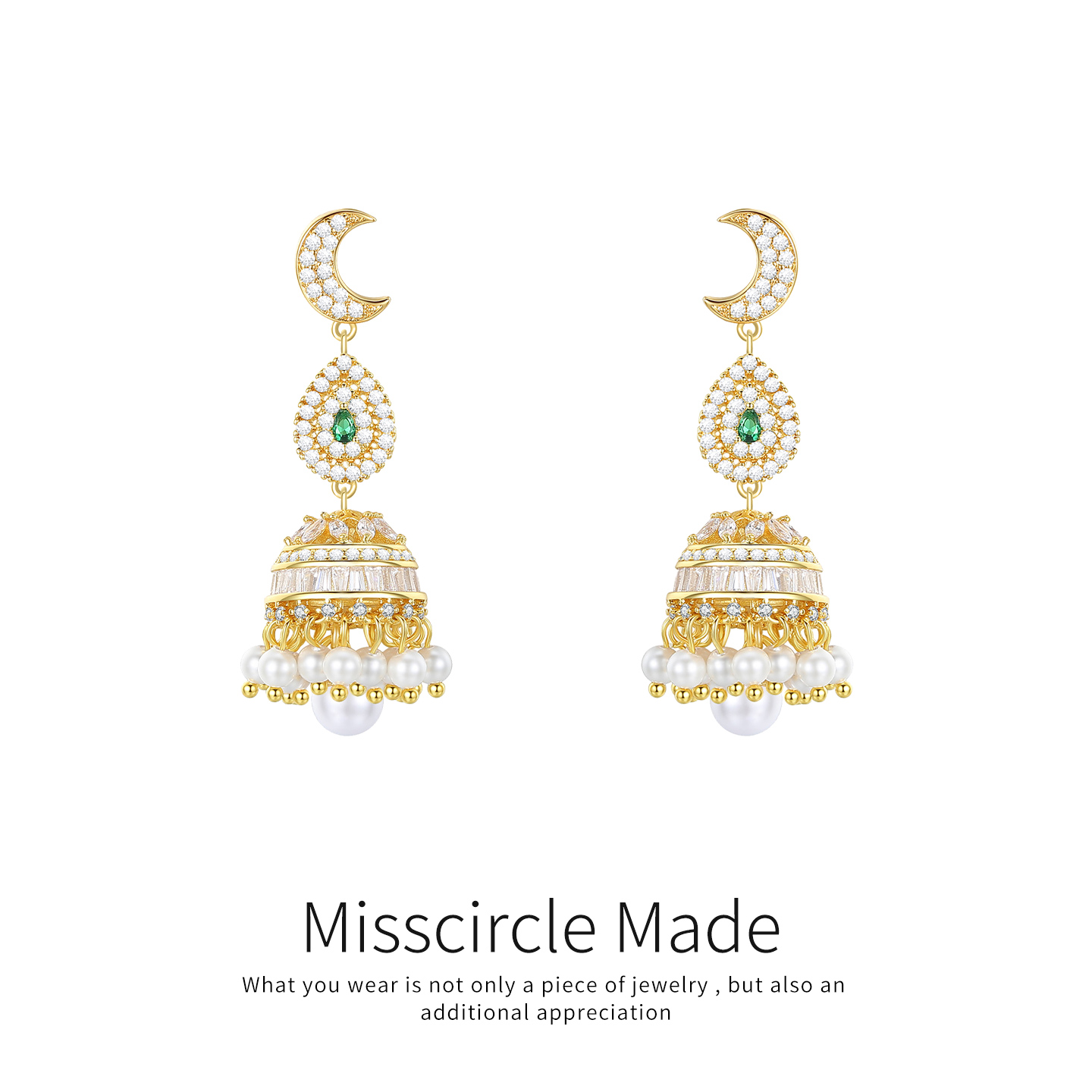 瑟可 铜合金合成锆石耳饰 月牙珠珠流苏耳环重工轻奢满钻气质4963