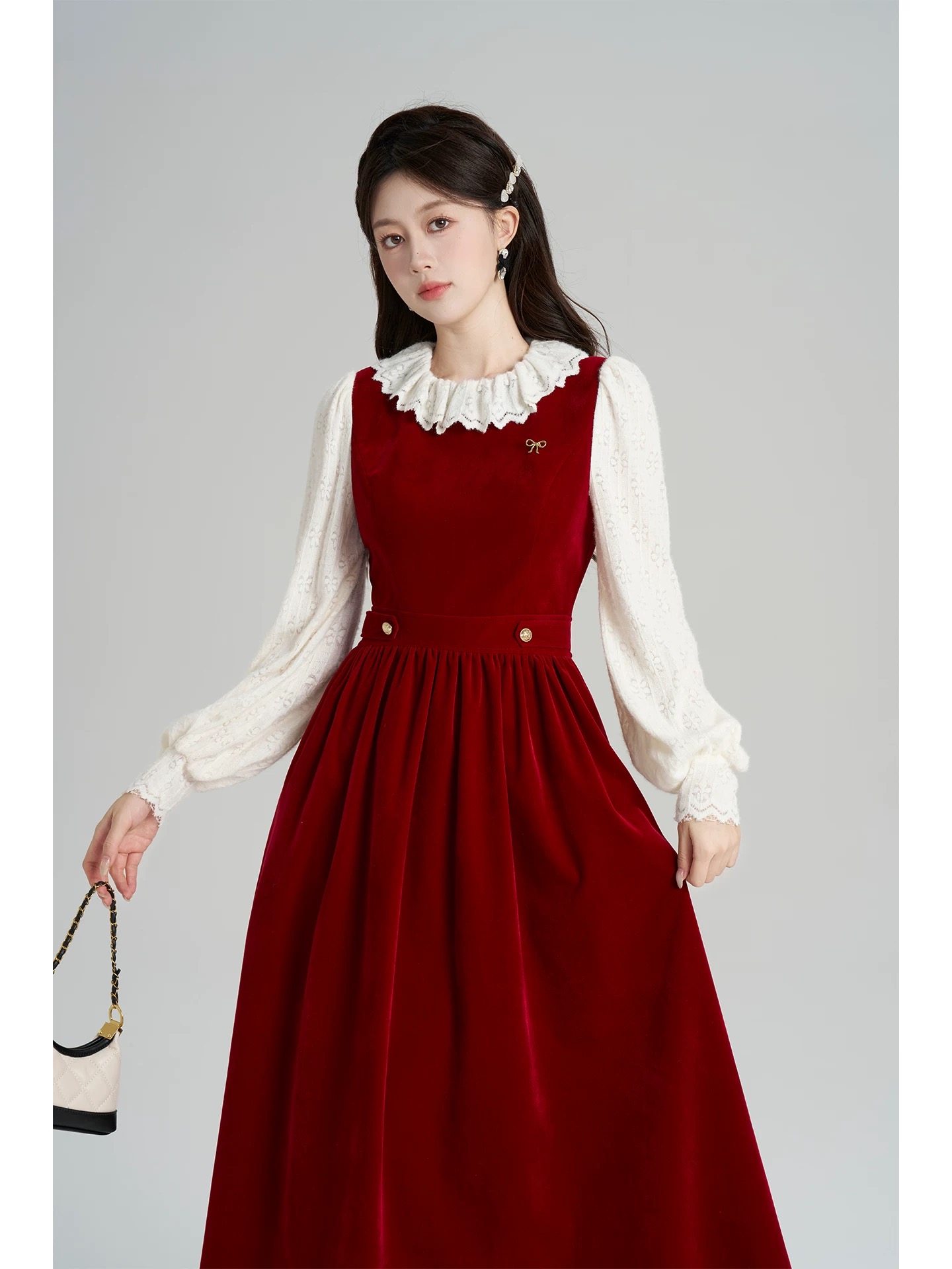 小香风红色假两件连衣裙子女2025新款初冬高级感收腰显瘦长裙